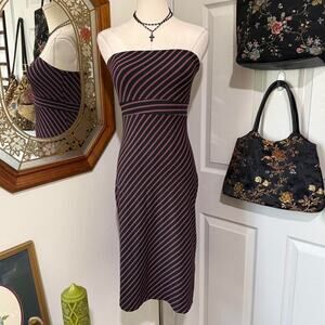 VTG Y2K My Michelle Black & Pink Striped Strapless Bodycon Mini Dress Waist Ties